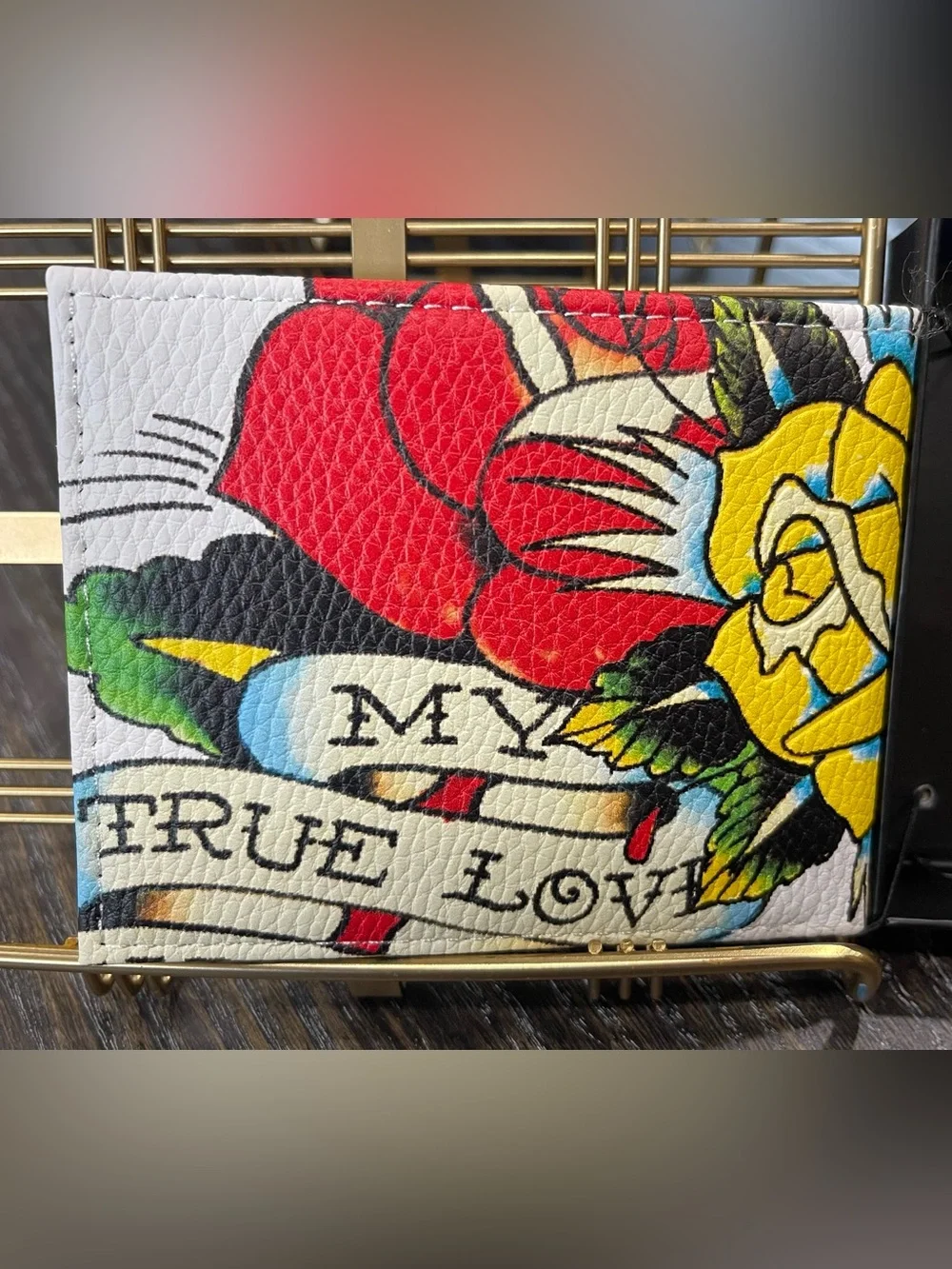 Ed Hardy White Bifold Wallet with Colorful Skull & Floral Tattoo Art